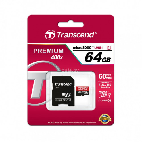 Карта памяти MicroSDXC UHS-I transcend premium 64 ГБ