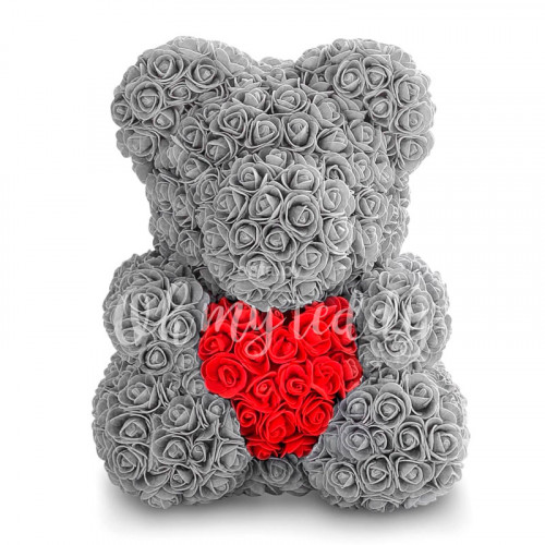 Серый мишка из роз с сердцем 40 см