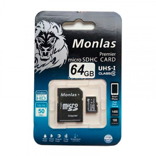 Карта памяти MicroSD Monlas 64 Гб microSDHC Class 10 + Adapter